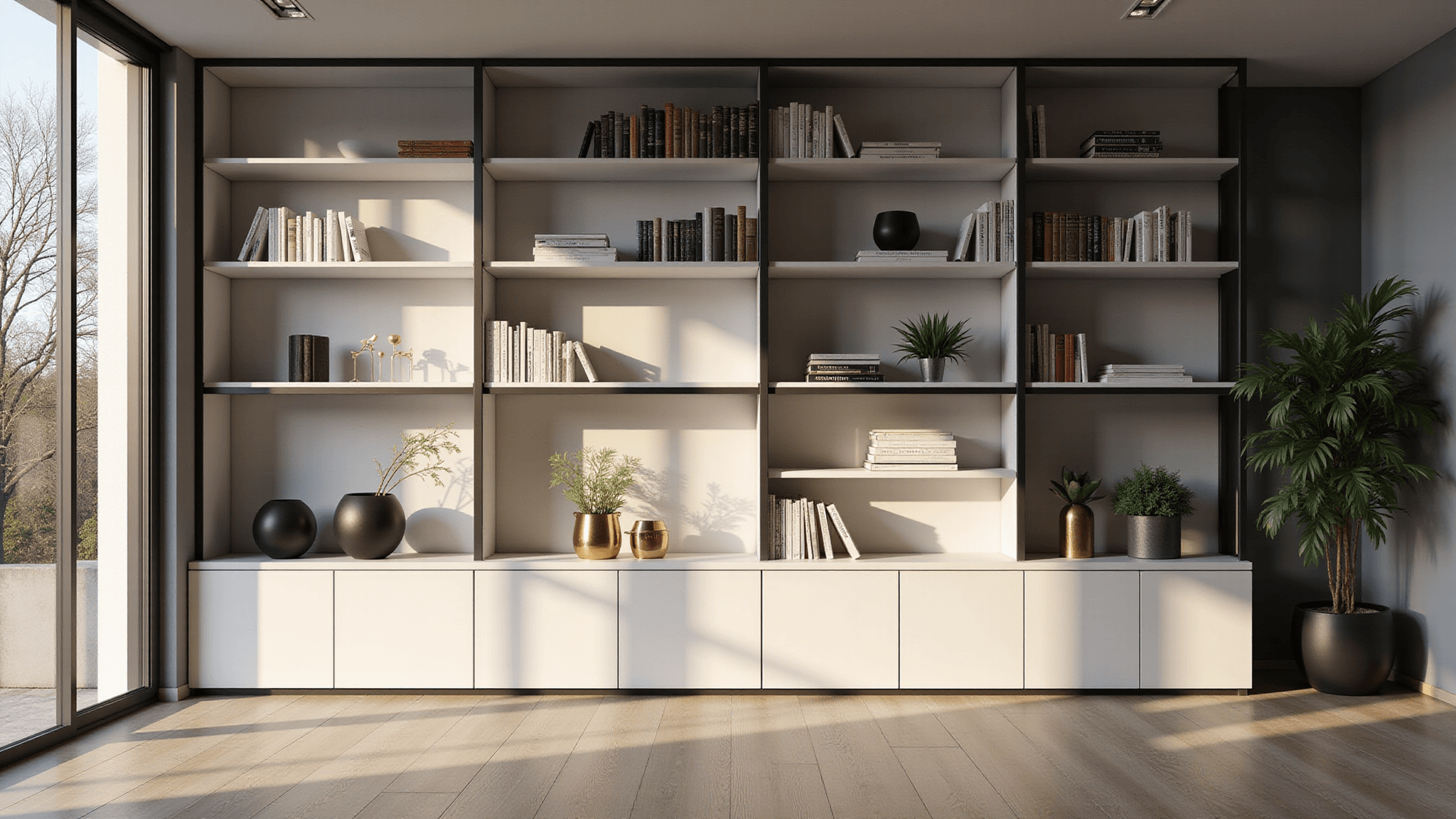 A photorealistic interior of a modern minimalist living room featuring a floor-to-ceiling built-in white bookcase with black metal frames, illuminated by golden hour sunlight, showcasing a mix of books and decorative objects against cool gray walls and white oak flooring.