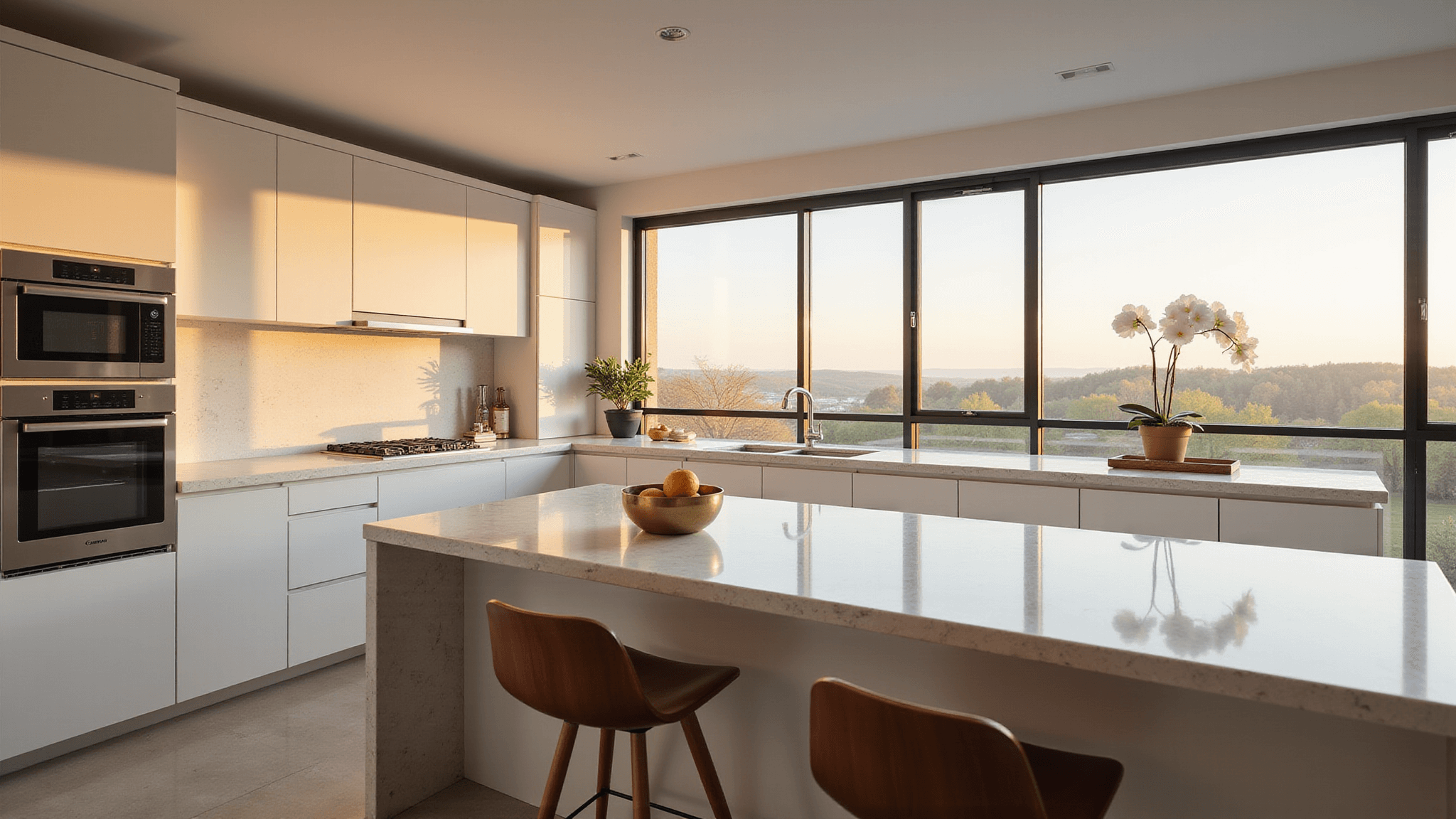 Photorealistic interior of a modern luxury kitchen with white lacquered cabinets and a quartz island, illuminated by golden hour light, featuring minimalist decor and stainless steel appliances.