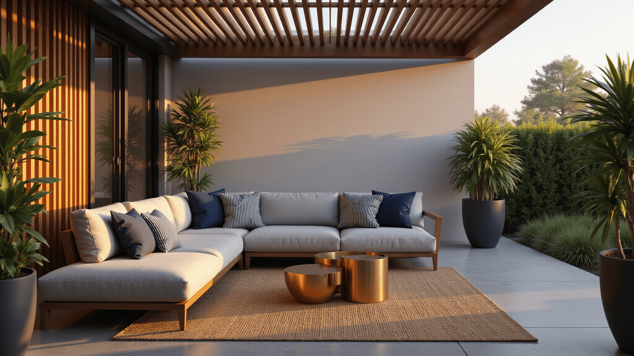 Photorealistic image of a modern patio at golden hour featuring a grey L-shaped sectional sofa, striped cushions, brass accent tables, and a wooden pergola, with palm plants framing the scene and soft warm lighting.