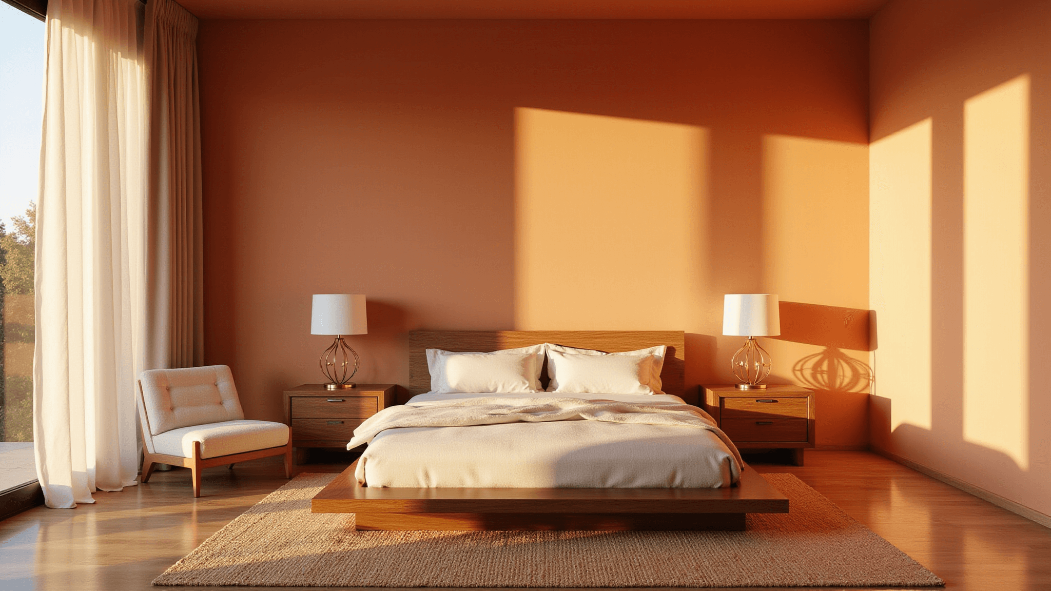 A spacious modern bedroom with peach-orange walls, natural light from floor-to-ceiling windows, and ivory linens on a platform bed, complemented by walnut nightstands and a cream bouclé chair, all bathed in golden hour hues.