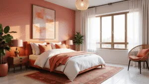 Pink and Orange Bedroom: A Vibrant Design Revolution Photorealistic interior photograph of a contemporary pink and orange bedroom featuring a coral-pink accent wall, tangerine velvet headboard, layered white bedding, and brass side tables, illuminated by golden hour light through sheer curtains.