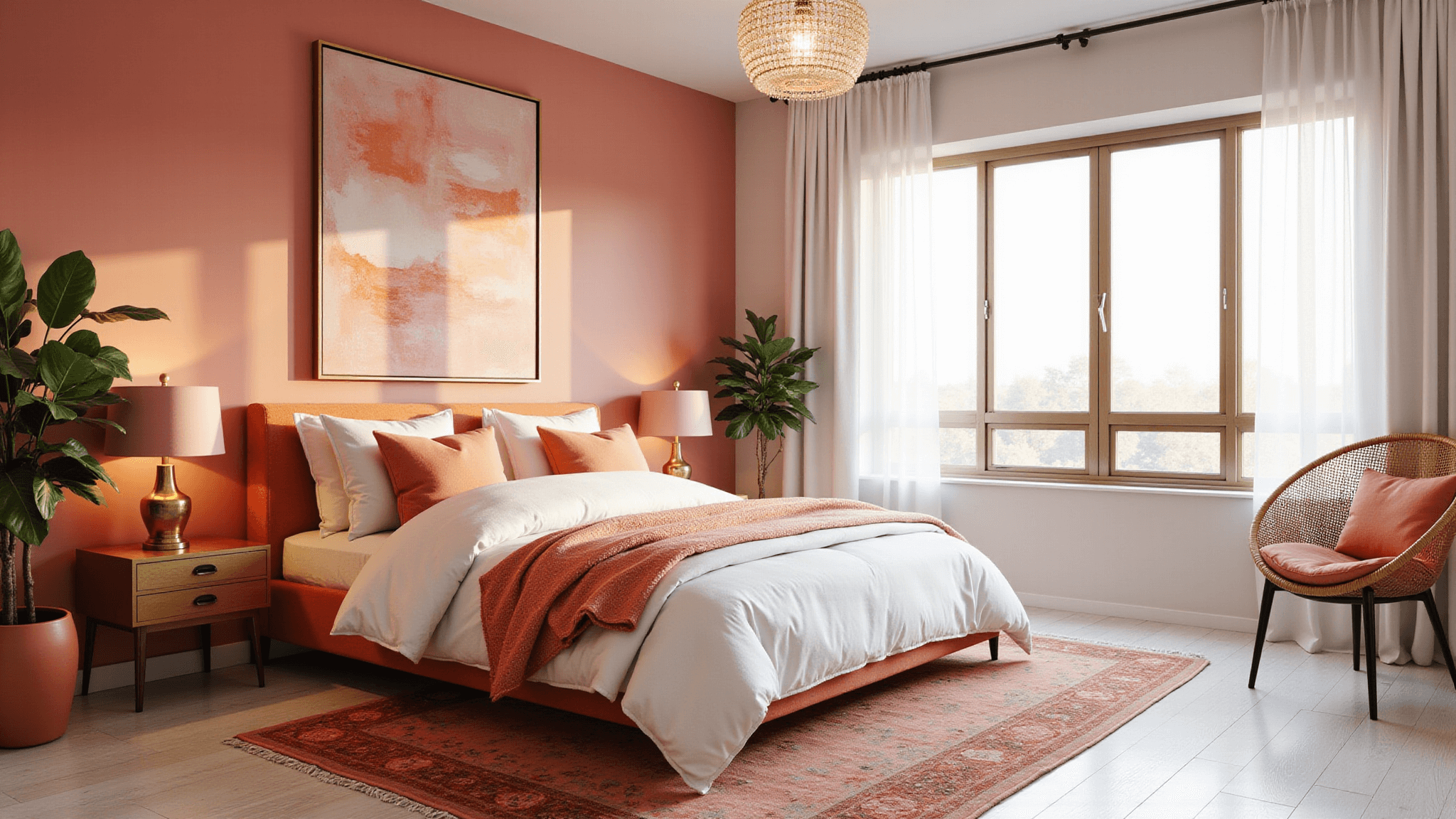 Photorealistic interior photograph of a contemporary pink and orange bedroom featuring a coral-pink accent wall, tangerine velvet headboard, layered white bedding, and brass side tables, illuminated by golden hour light through sheer curtains.