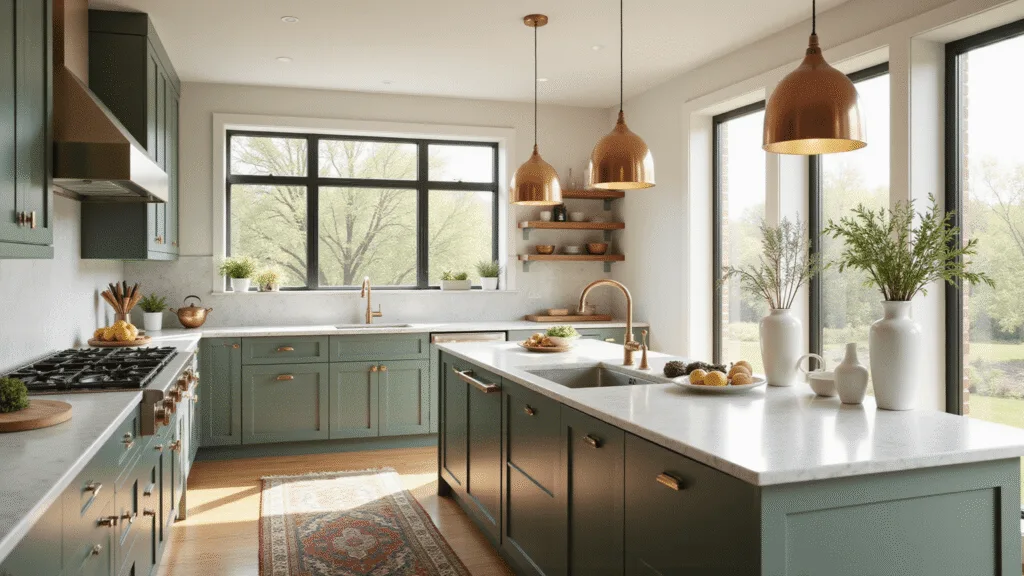 Green Kitchen Cabinets: Transform Your Culinary Space with Nature's Favorite Hue A spacious modern kitchen featuring sage green shaker cabinets, cream walls, and Carrara marble countertops, illuminated by morning sunlight through large east-facing windows, with a white oak island, brass pendant lights, and copper cookware on open shelves, accented by fresh herbs in vases and a vintage Persian runner rug.