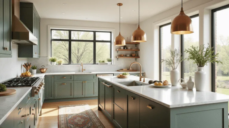 A spacious modern kitchen featuring sage green shaker cabinets, cream walls, and Carrara marble countertops, illuminated by morning sunlight through large east-facing windows, with a white oak island, brass pendant lights, and copper cookware on open shelves, accented by fresh herbs in vases and a vintage Persian runner rug.
