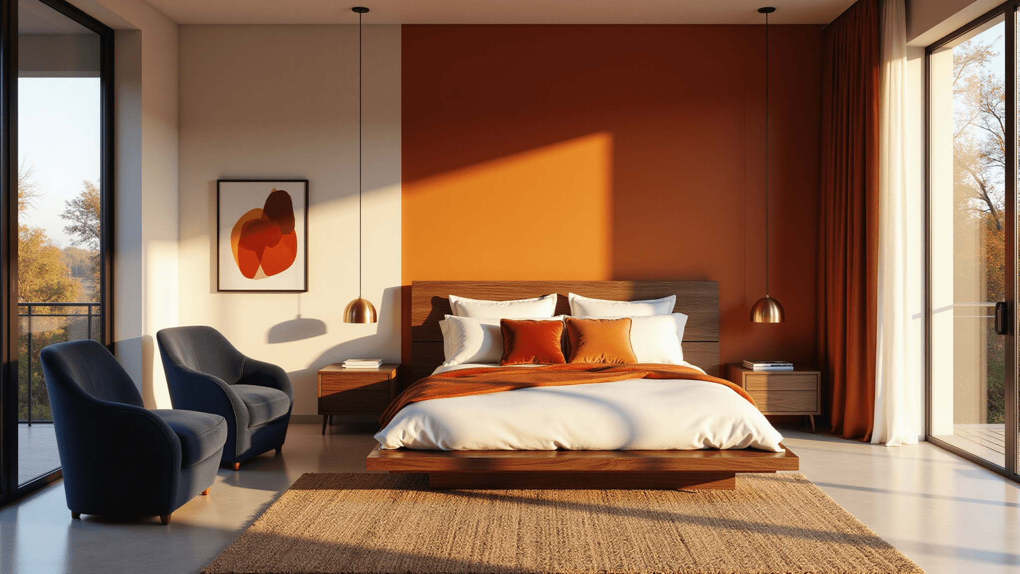 Photorealistic interior of a contemporary bedroom with a burnt orange accent wall, walnut platform bed, navy blue accent chairs, and golden hour sunlight illuminating the space.