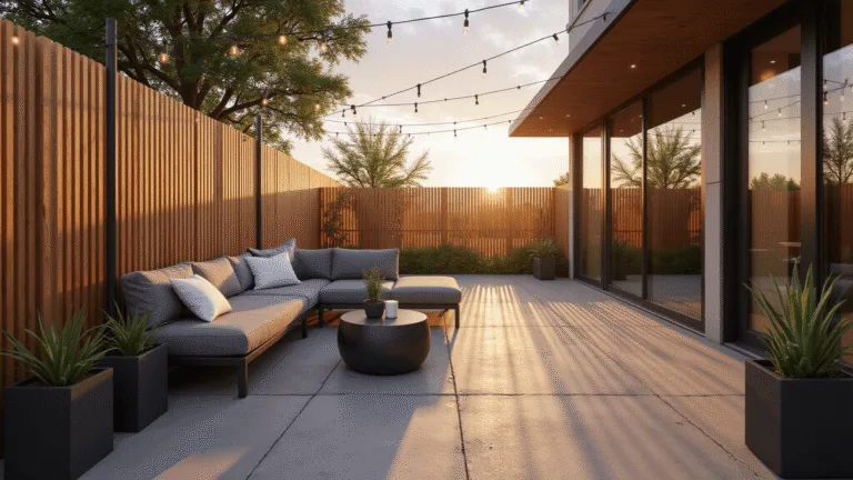 Aerial view of a luxurious modern patio at sunset, featuring polished concrete flooring, cedar privacy screens, a grey sectional, string lights, and succulents in matte black planters, with floor-to-ceiling glass doors reflecting the vibrant colors of the sunset.
