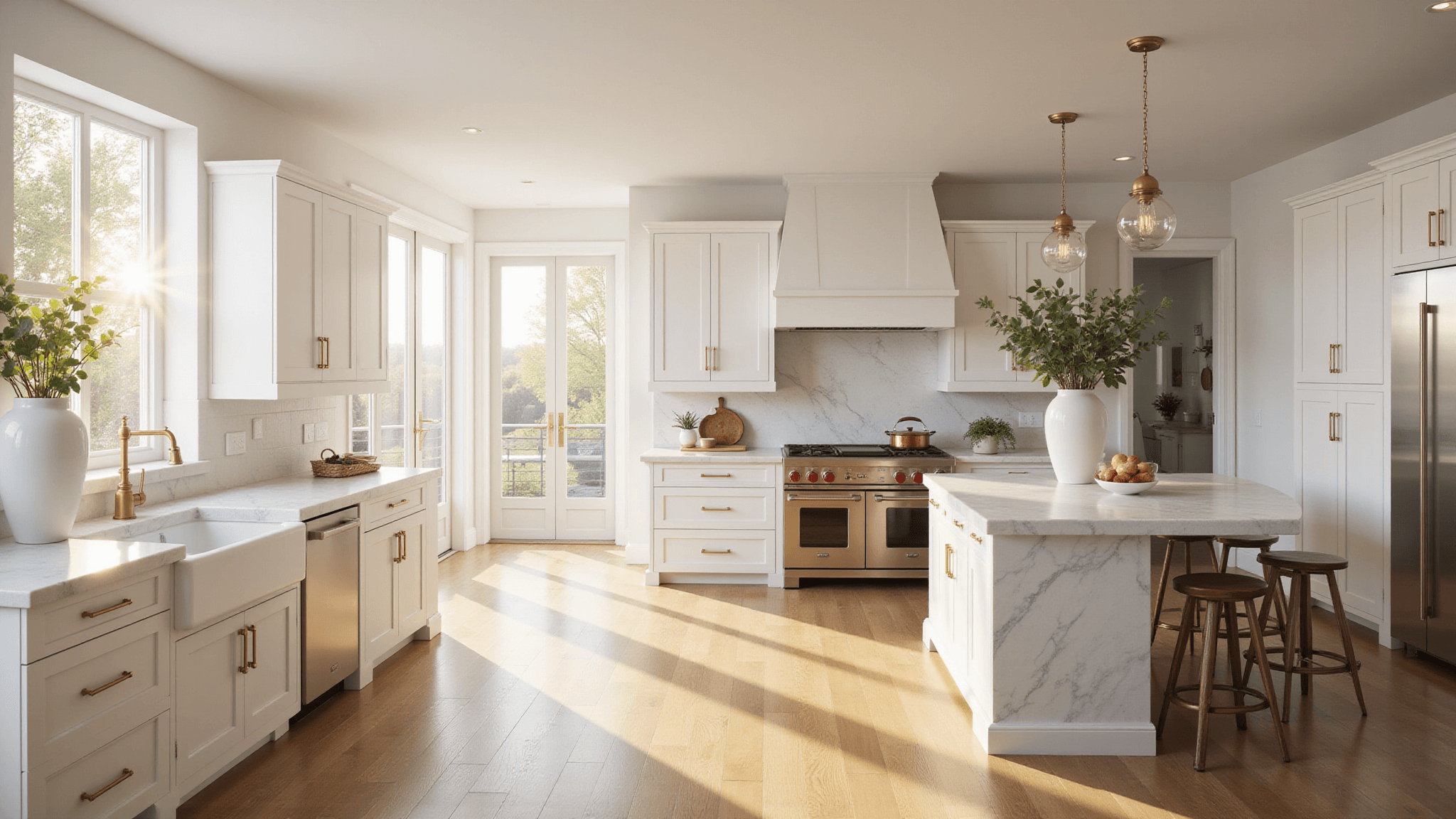 A luxurious modern kitchen bathed in golden hour light, featuring white shaker cabinets with brass hardware, a dramatic marble waterfall island, and professional-grade stainless steel appliances, styled with minimal decor and warm natural tones.