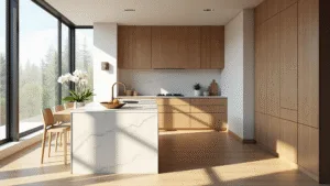 White Oak Kitchen Cabinets: Transform Your Kitchen with Timeless Elegance and Durability Photorealistic image of a sunlit modern kitchen featuring rift-cut white oak cabinets, a quartz waterfall island, and wide-plank flooring, styled with a white orchid and brass fruit bowl, emphasizing warm wood tones and natural light.