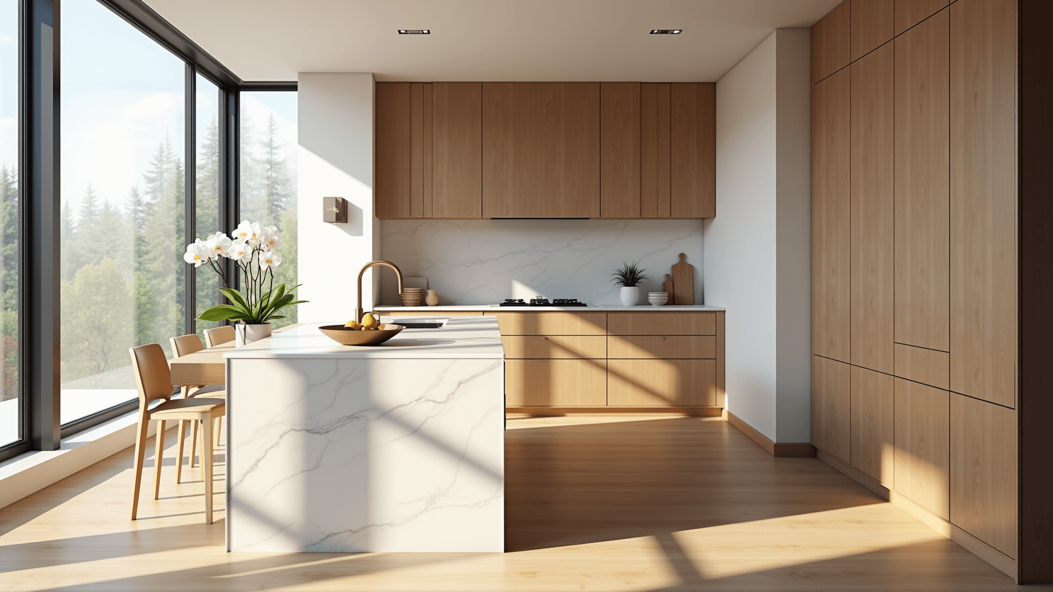 Photorealistic image of a sunlit modern kitchen featuring rift-cut white oak cabinets, a quartz waterfall island, and wide-plank flooring, styled with a white orchid and brass fruit bowl, emphasizing warm wood tones and natural light.