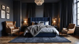 Dark Bedroom Ideas: Creating a Cozy, Dramatic Retreat Cinematic photograph of a moody luxury bedroom with deep charcoal walls and navy accents, featuring a king-size bed with velvet and silk textures, natural light filtering through sheer curtains, a cognac leather chair, and a crystal pendant light, all depicted in warm tones and shallow depth of field.