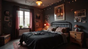 DIY Grunge Room Decor: Unleash Your Inner Rebel A moody teenage bedroom featuring dark charcoal gray walls, torn vintage band posters, Polaroid photos on twine, and dim lighting from string lights and sunset glow. The room includes a distressed metal bed frame, mismatched flannel pillow covers, a vintage dresser with chipped paint, and a wall of vinyl records. An industrial pendant light and a glowing lava lamp enhance the ambiance. Textures are ultra-detailed, capturing a photorealistic, atmospheric scene in 8K resolution.