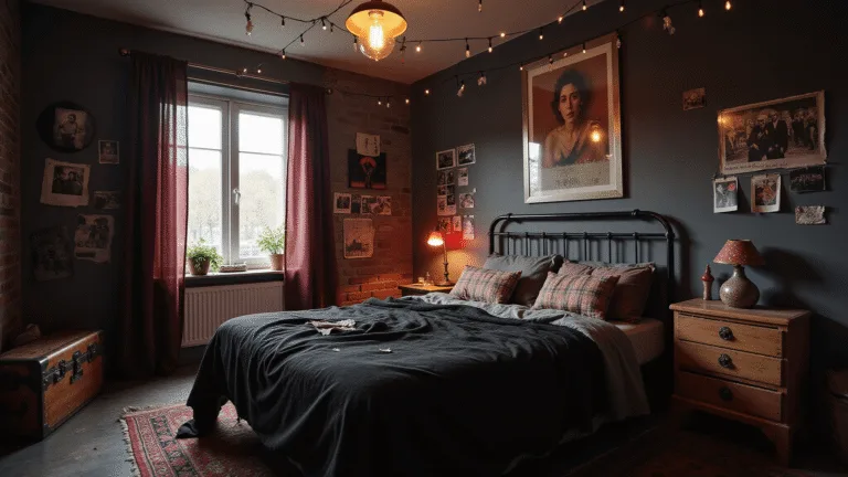 A moody teenage bedroom featuring dark charcoal gray walls, torn vintage band posters, Polaroid photos on twine, and dim lighting from string lights and sunset glow. The room includes a distressed metal bed frame, mismatched flannel pillow covers, a vintage dresser with chipped paint, and a wall of vinyl records. An industrial pendant light and a glowing lava lamp enhance the ambiance. Textures are ultra-detailed, capturing a photorealistic, atmospheric scene in 8K resolution.