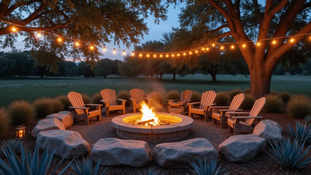 Hyperrealistic image of a circular natural stone fire pit at twilight, surrounded by weathered teak Adirondack chairs, with flames rising and warm LED lights overhead, framed by ornamental grasses and oak trees.
