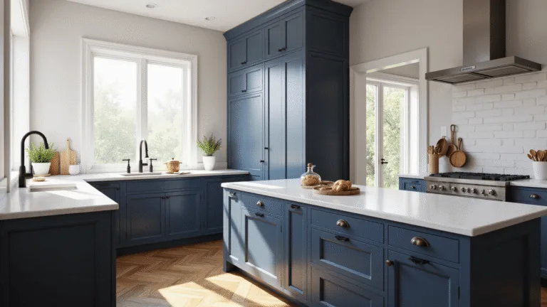 Photorealistic contemporary kitchen featuring navy blue shaker cabinets and white quartz countertops with a waterfall edge, illuminated by warm morning light from floor-to-ceiling windows, complemented by oak herringbone flooring and matte black hardware. Copper cookware and potted herbs add to the stylish decor, captured in high detail with soft natural lighting and a focus on cabinet textures.
