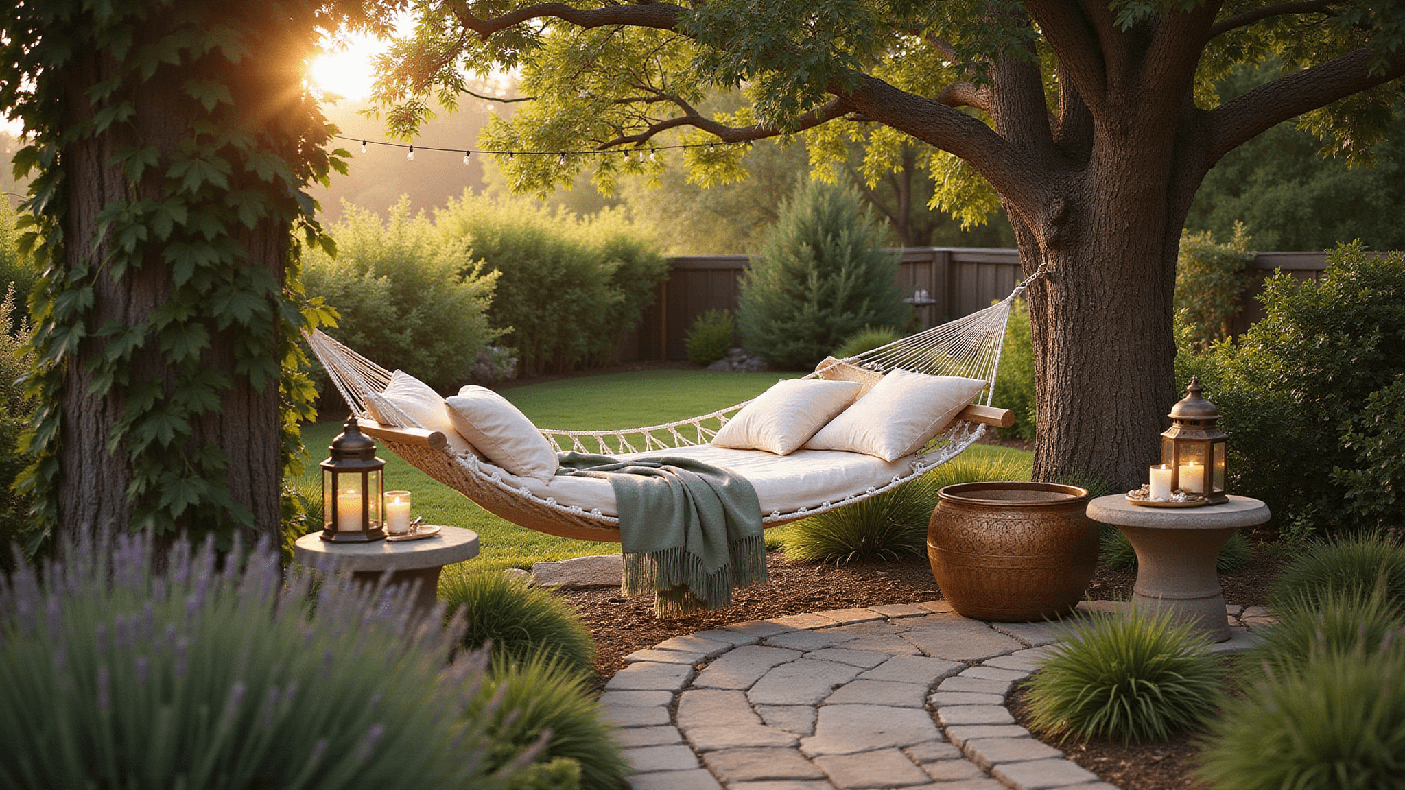 A serene garden sanctuary at golden hour featuring a white rope hammock between oak trees, adorned with cream pillows and a sage green throw, surrounded by lavender, ornamental grasses, string lights, and vintage lanterns, creating a cozy outdoor retreat atmosphere.