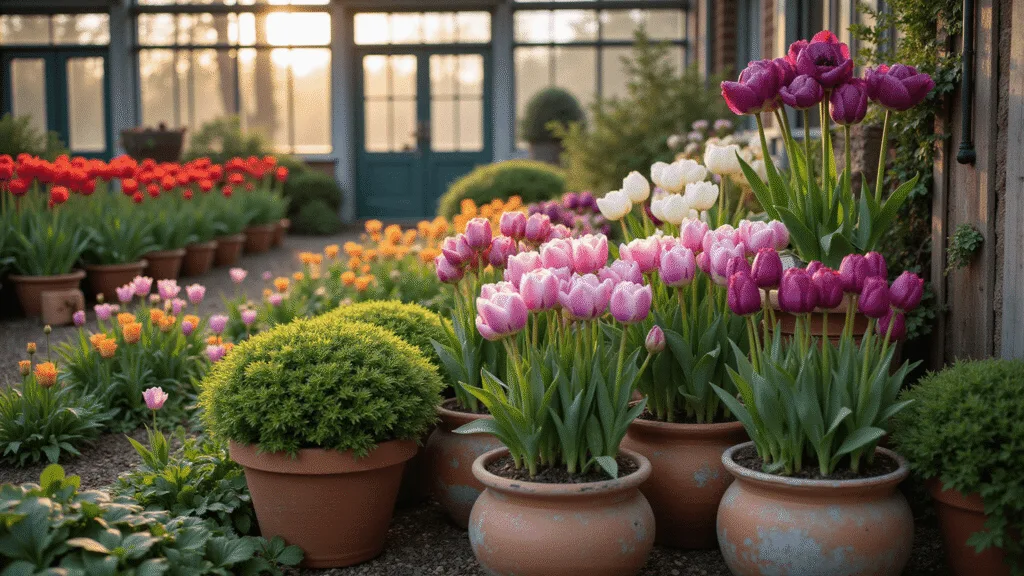 A layered garden display in a Victorian-style greenhouse featuring blooming Darwin hybrid tulips, peonies, and allium, with terracotta pots of hostas, autumn crocus, and nerines, illuminated by golden morning light and surrounded by vintage gardening tools.