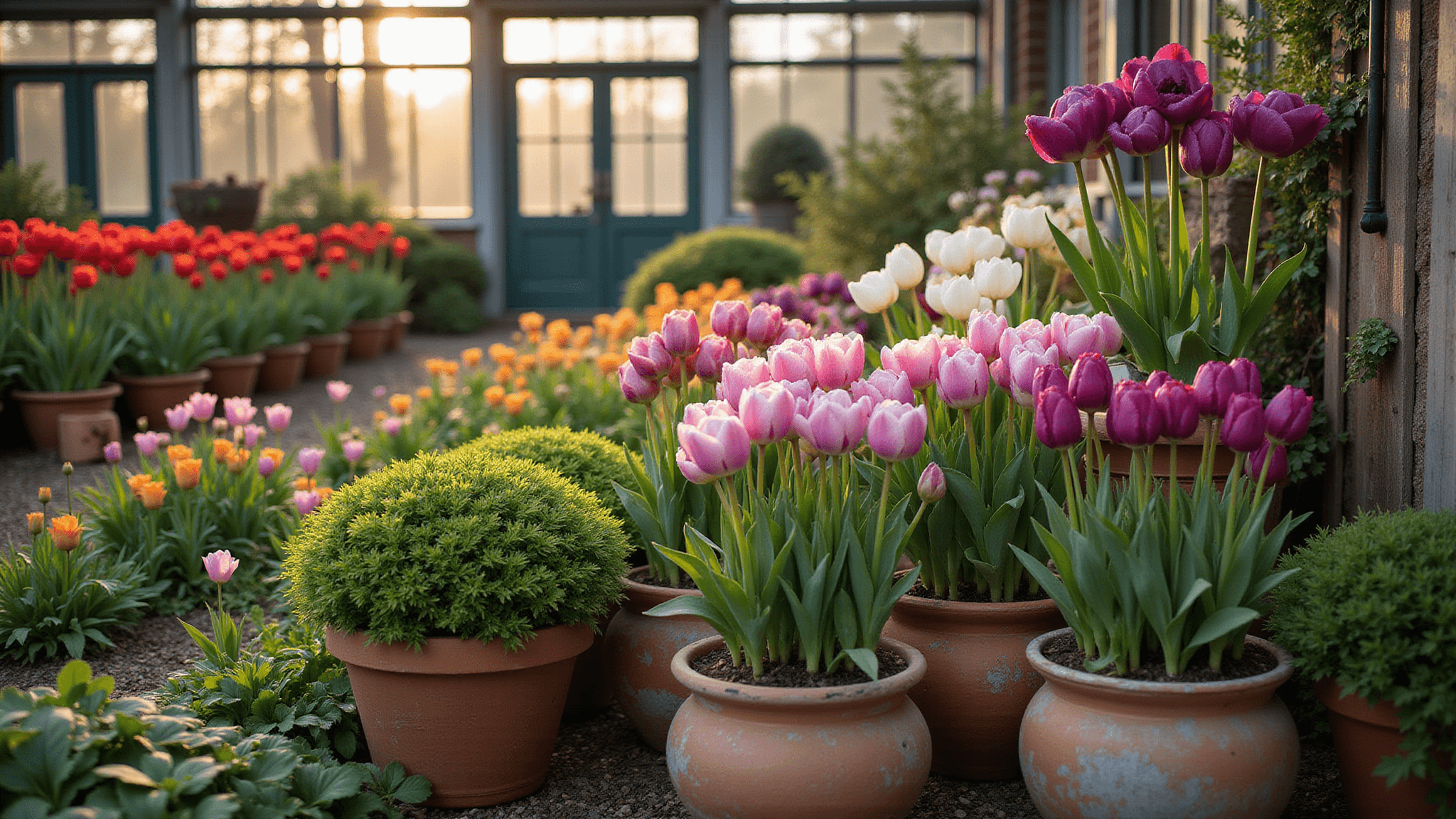 A layered garden display in a Victorian-style greenhouse featuring blooming Darwin hybrid tulips, peonies, and allium, with terracotta pots of hostas, autumn crocus, and nerines, illuminated by golden morning light and surrounded by vintage gardening tools.