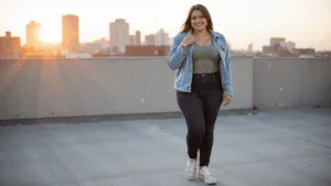 A confident plus-size model stands on an urban rooftop during golden hour, wearing a fitted sage green bodysuit, oversized light wash denim jacket, and high-waisted dark mom jeans, with chunky gold accessories and platform sneakers, against a warm, dreamy city skyline backdrop.