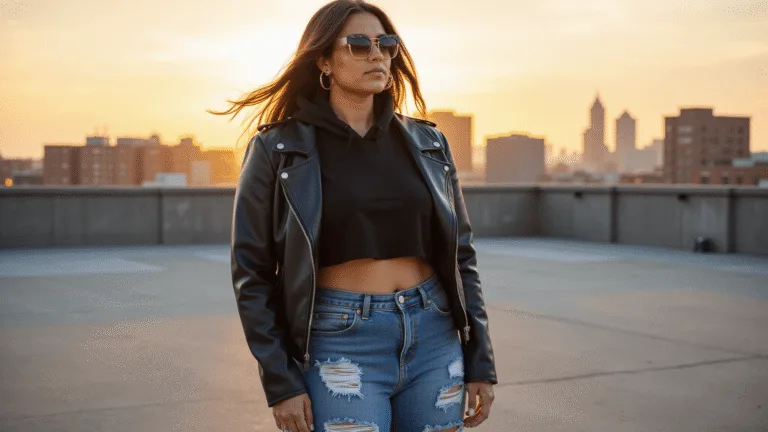 A confident plus-size model poses on an urban rooftop during golden hour, wearing distressed high-waisted jeans, a black cropped hoodie, and white platform sneakers, accessorized with oversized gradient sunglasses and gold hoop earrings, with the city skyline and warm sunset colors in the background.