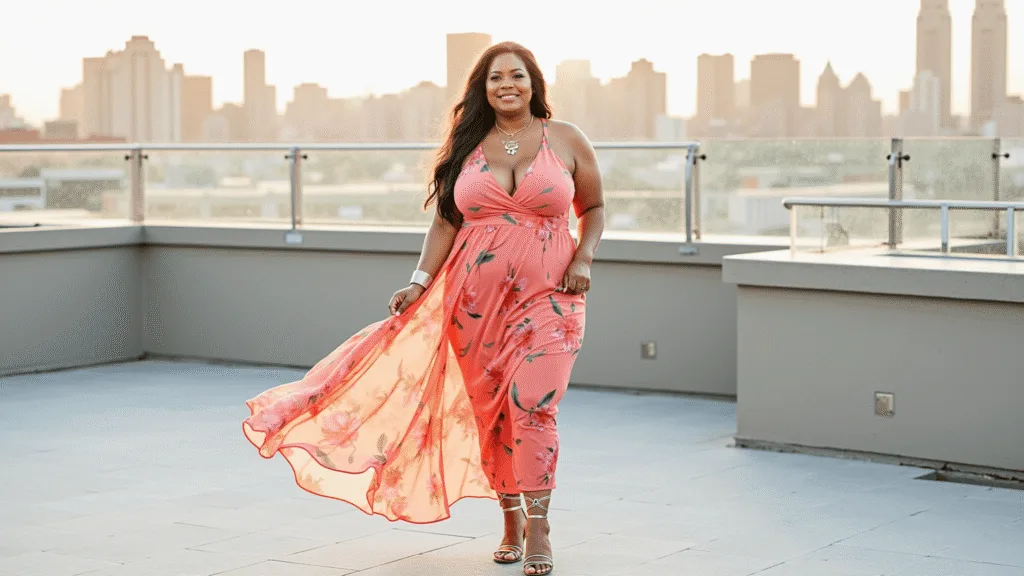 Plus-size model in a flowing coral floral maxi dress on a NYC rooftop at sunset, wearing metallic sandals and layered gold necklaces, with a blurred city skyline in the background.