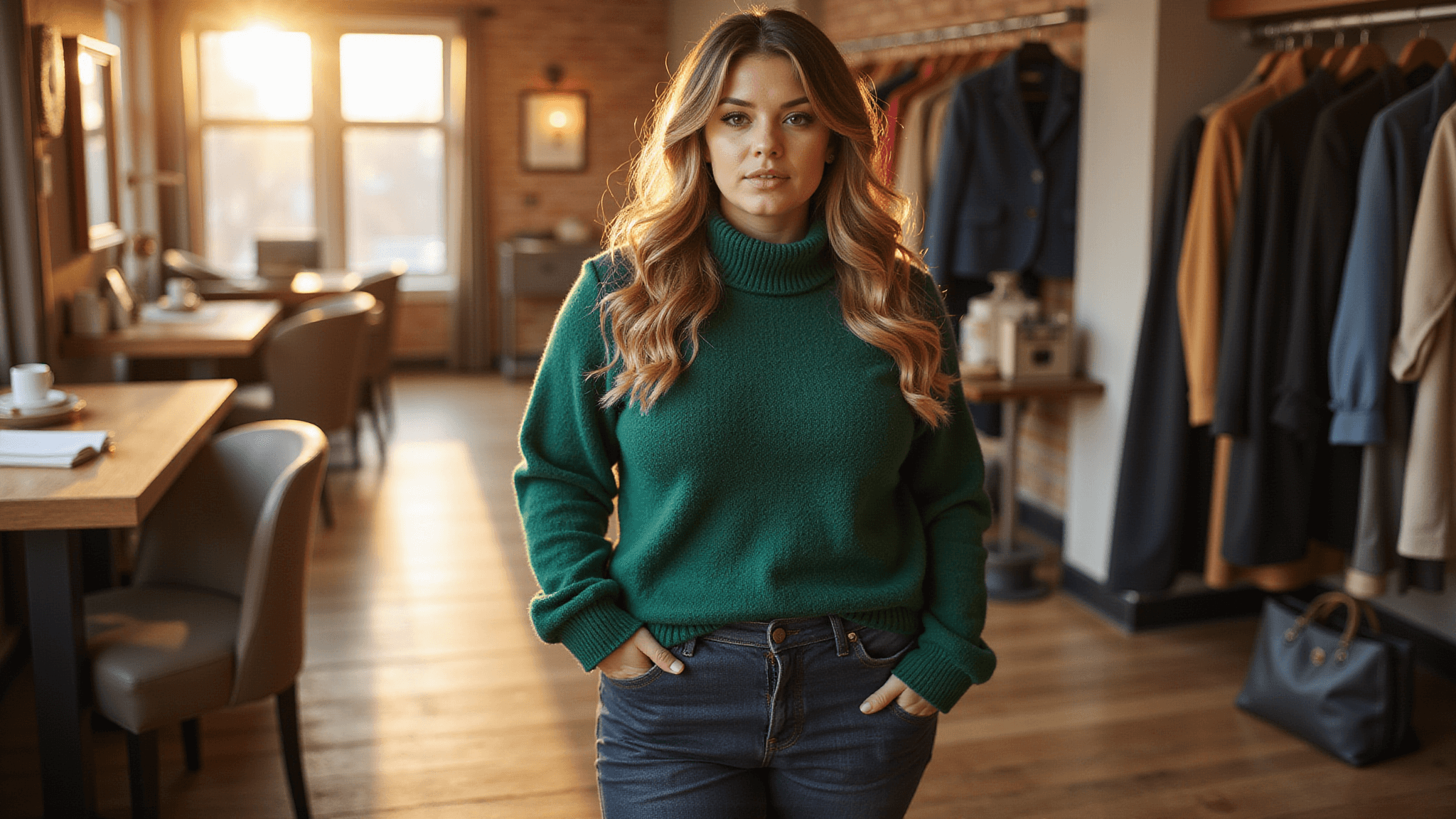 A confident plus-size model poses in a boutique dressing room, showcasing a half-tucked emerald turtleneck sweater with high-waisted dark jeans, bathed in warm golden-hour lighting, creating a cozy autumn atmosphere.