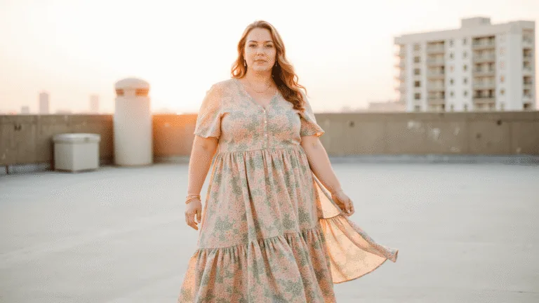 Plus-size model in a floral maxi dress stands on a rooftop during sunset, with the city skyline blurred in the background.