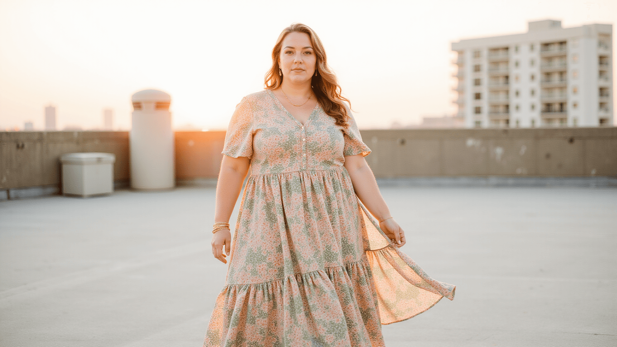 Plus-size model in a floral maxi dress stands on a rooftop during sunset, with the city skyline blurred in the background.