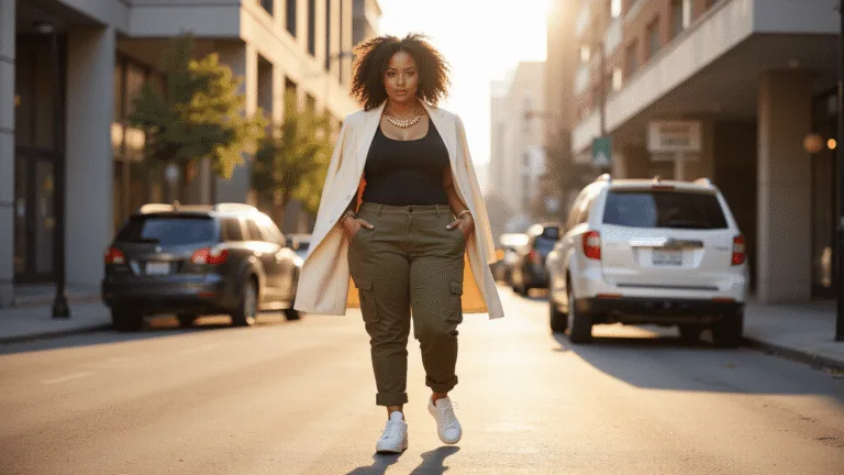 A confident plus-size model strolls down a sunlit urban street during golden hour, wearing a black bodysuit, olive cargo pants, and an oversized cream blazer. She accessorizes with chunky gold jewelry and white platform sneakers, with her natural hair flowing and warm light highlighting her skin against a backdrop of modern architecture.