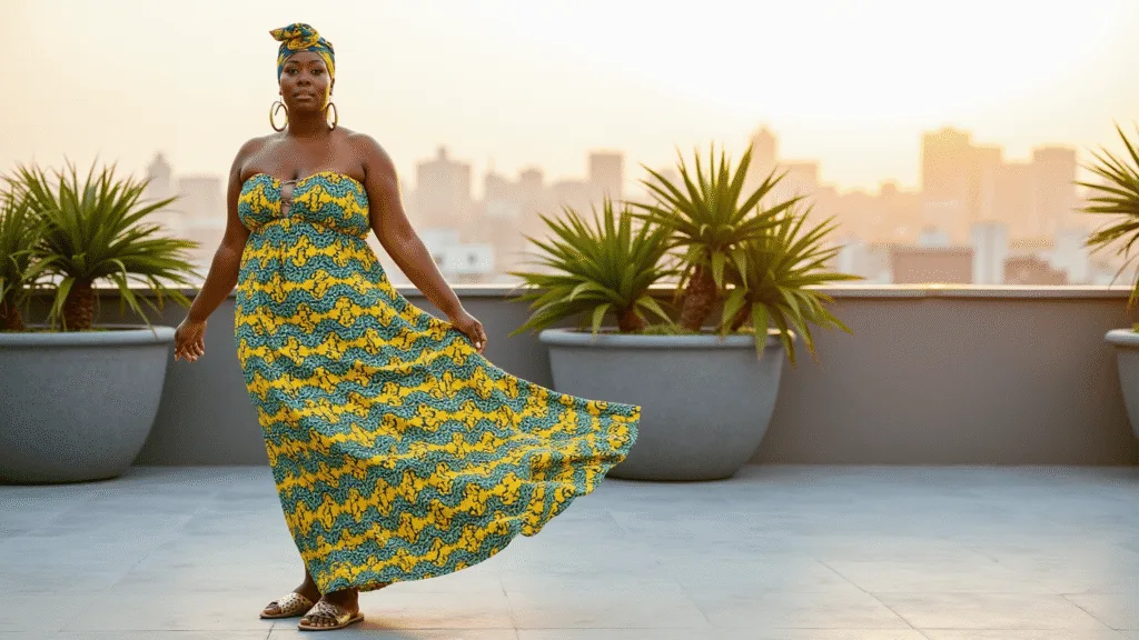 SUMMER STYLE GUIDE: PLUS SIZE OUTFITS FOR BLACK WOMEN THAT SLAY A confident Black plus-size model twirls in a vibrant yellow and teal African wax print maxi dress on a rooftop garden at sunset, wearing oversized gold hoop earrings and metallic gladiator sandals, with the urban skyline and potted palms in the background.