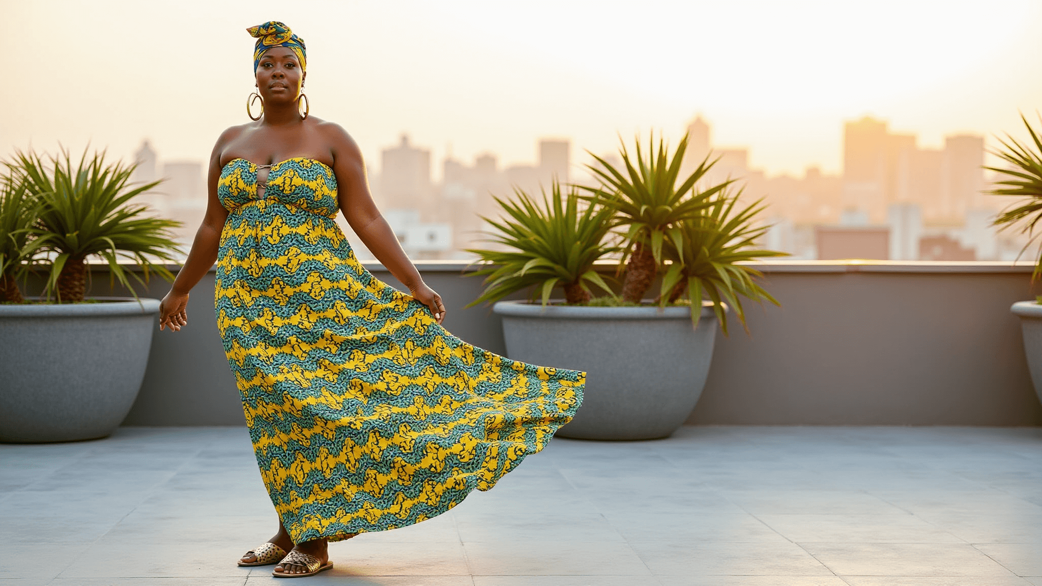 A confident Black plus-size model twirls in a vibrant yellow and teal African wax print maxi dress on a rooftop garden at sunset, wearing oversized gold hoop earrings and metallic gladiator sandals, with the urban skyline and potted palms in the background.