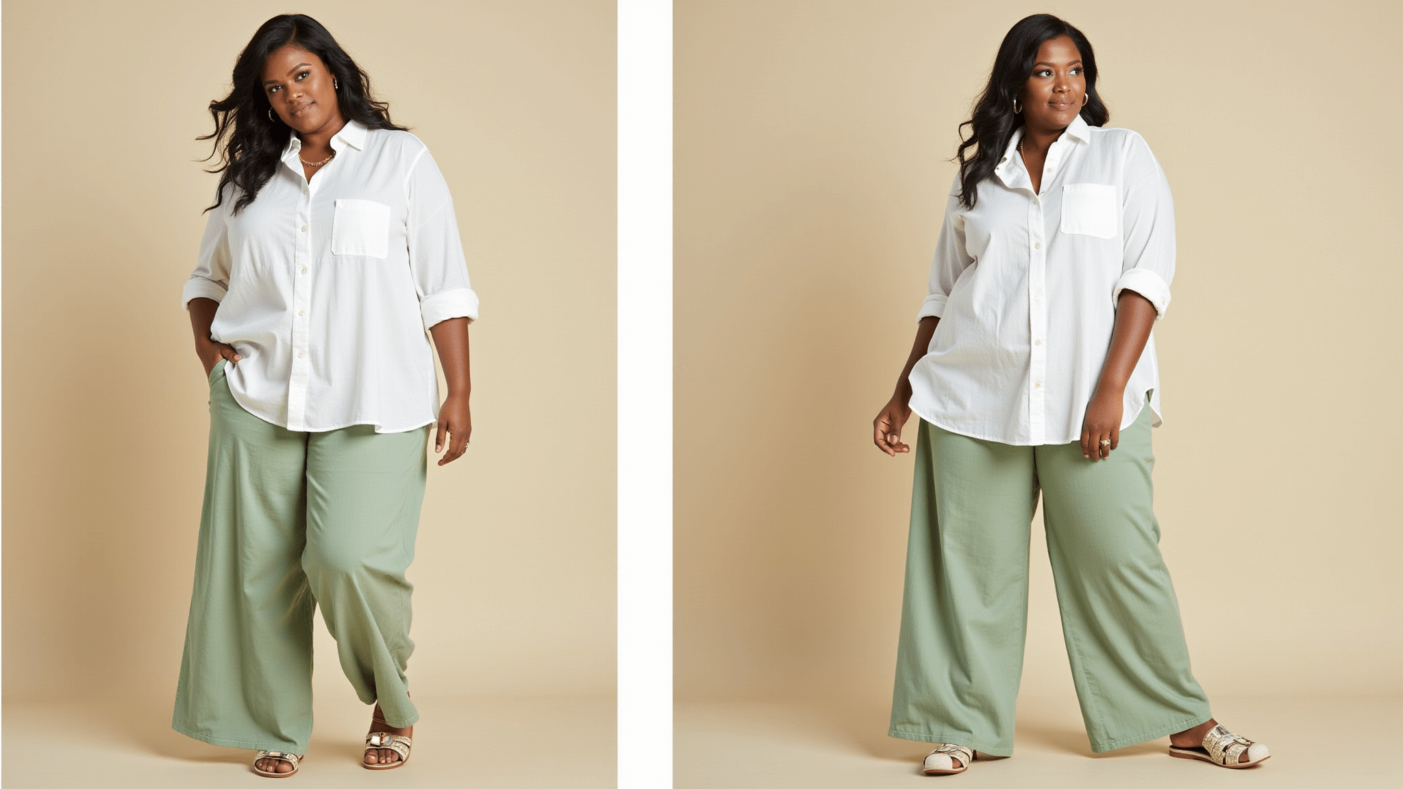 A confident plus-size model showcases a flowy white linen shirt paired with sage green palazzo pants in a sunlit boutique, highlighting warm tones and a summer fashion vibe.