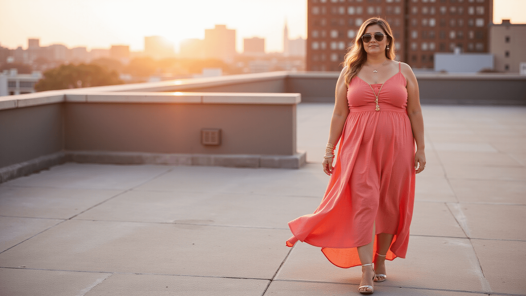 A plus-size model in a coral linen maxi dress poses confidently on an urban rooftop during sunset, wearing gold jewelry and oversized sunglasses, with a city skyline in the background.