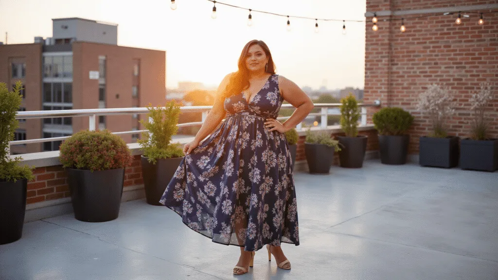 Plus Size Summer Outfits: Your Ultimate Style Guide for Hot Days A confident plus-size model in a flowing navy floral maxi dress poses on a sunlit rooftop terrace during golden hour, surrounded by string lights and potted plants in an urban chic setting.