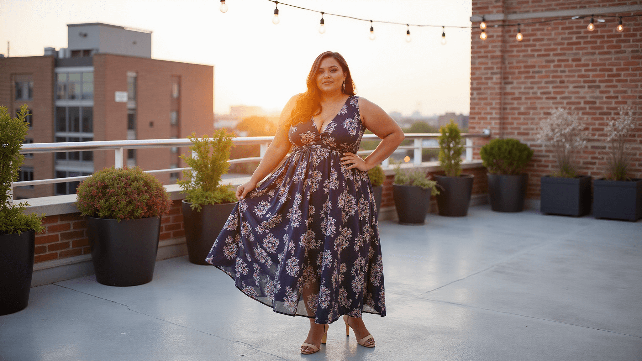 A confident plus-size model in a flowing navy floral maxi dress poses on a sunlit rooftop terrace during golden hour, surrounded by string lights and potted plants in an urban chic setting.