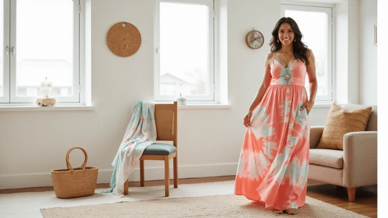 Plus-size model in a flowing coral and turquoise tie-dye maxi dress posed in a sunlit modern bedroom, with rattan accessories and silver jewelry nearby, capturing a warm and inviting atmosphere.