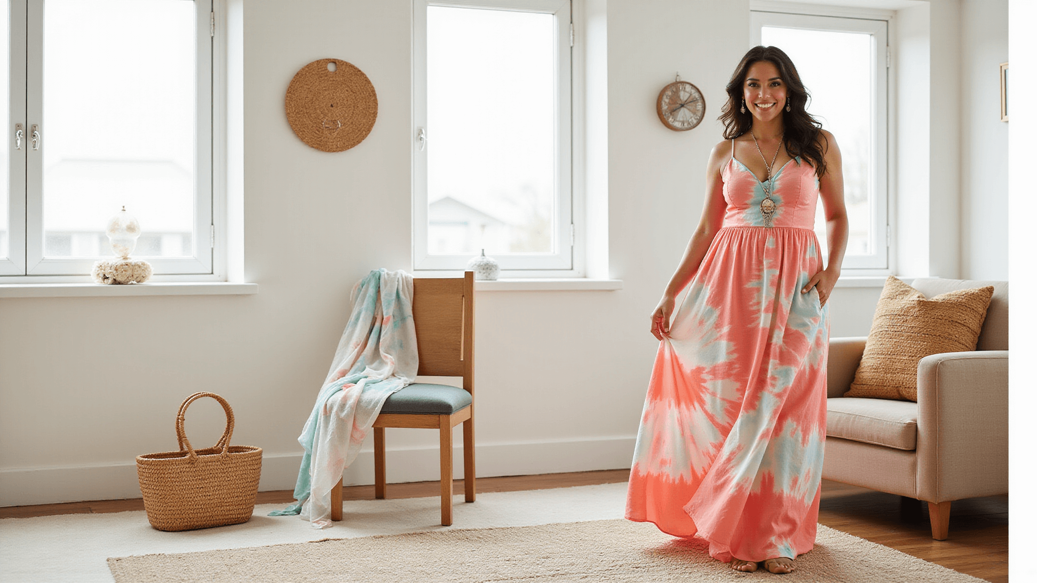 Plus-size model in a flowing coral and turquoise tie-dye maxi dress posed in a sunlit modern bedroom, with rattan accessories and silver jewelry nearby, capturing a warm and inviting atmosphere.