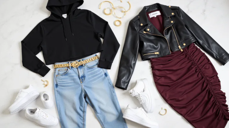 A flatlay of plus-size urban fashion featuring a black crop hoodie, light wash mom jeans, gold chunky belt, platform Nike Air Force 1s, oversized gold hoop earrings, and a burgundy bodycon dress with a black leather jacket, arranged on a white marble surface with natural lighting.