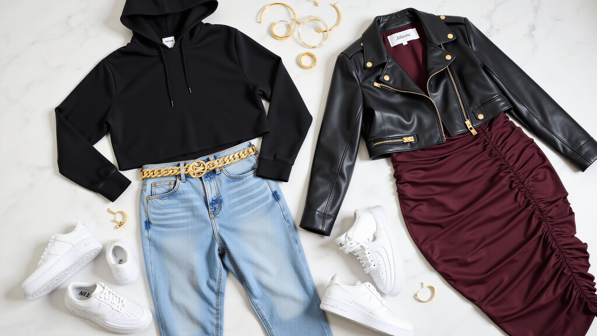 A flatlay of plus-size urban fashion featuring a black crop hoodie, light wash mom jeans, gold chunky belt, platform Nike Air Force 1s, oversized gold hoop earrings, and a burgundy bodycon dress with a black leather jacket, arranged on a white marble surface with natural lighting.