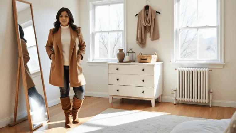 A plus-size model stands confidently in a sunlit modern bedroom, wearing a camel wool coat, cream turtleneck, and black faux-leather leggings, styled with brown suede boots, surrounded by minimalist decor and soft morning light.