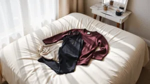 Plus Size Winter Fashion: Your Ultimate Guide to Cozy, Confident Style A flatlay of plus-size winter wardrobe essentials on a cream bedspread, featuring fleece-lined leggings, seamless camis, and jewel-toned layering tops, complemented by gold jewelry and a steaming coffee mug on a marble vanity, all illuminated by soft morning light.