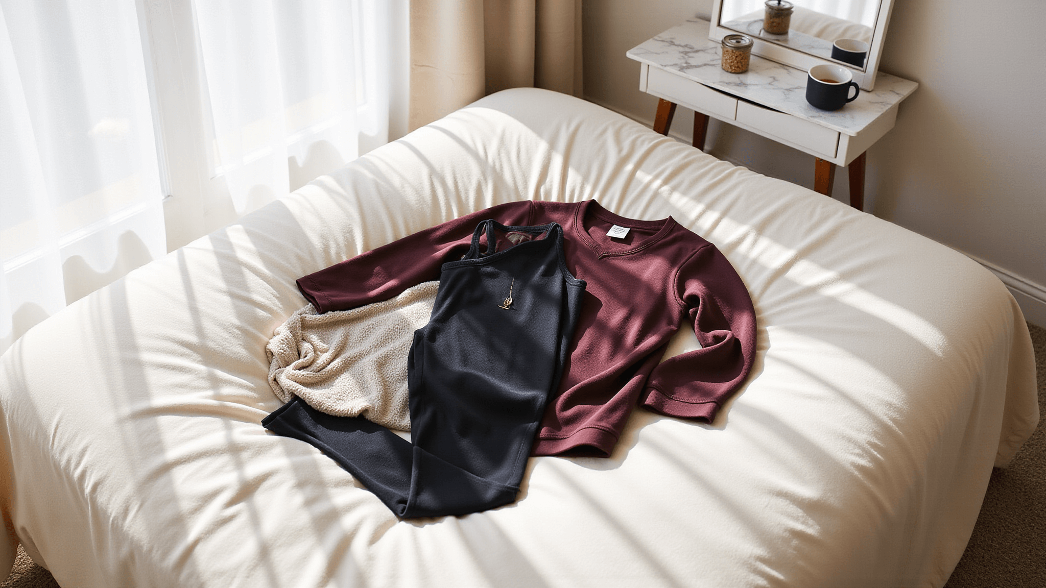 A flatlay of plus-size winter wardrobe essentials on a cream bedspread, featuring fleece-lined leggings, seamless camis, and jewel-toned layering tops, complemented by gold jewelry and a steaming coffee mug on a marble vanity, all illuminated by soft morning light.