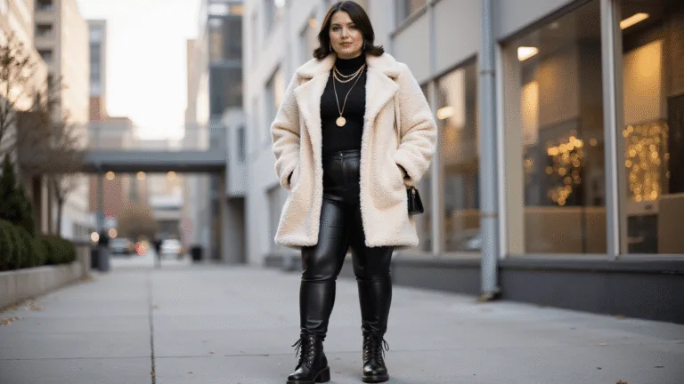 A confident plus-size model poses in a cream teddy coat, black leather leggings, and combat boots during golden hour, with layered gold necklaces and a fitted black turtleneck bodysuit, against a softly blurred urban background.
