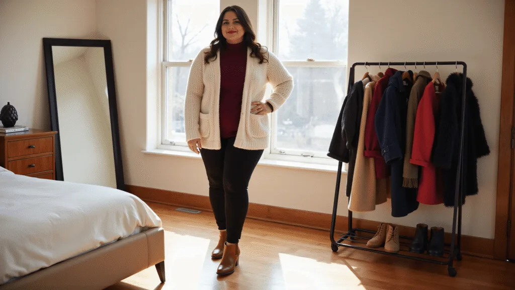 A plus-size model in a burgundy turtleneck and cream chunky knit cardigan poses confidently in a sunlit modern bedroom, complemented by black fleece-lined leggings and cognac leather boots, with winter coats in jewel tones on display nearby.