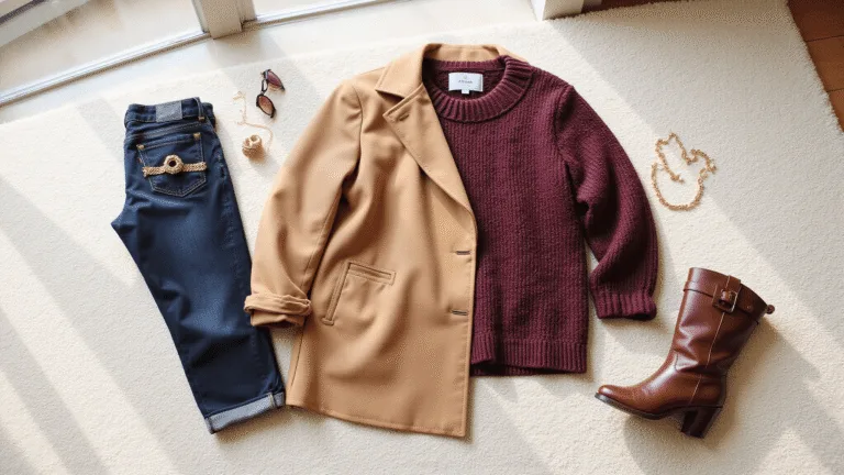 A flat lay of plus-size winter fashion essentials on a cream plush carpet, featuring a camel wool coat, chunky burgundy sweater, dark wash jeans, brown leather boots, and gold accessories, with natural light creating soft shadows.