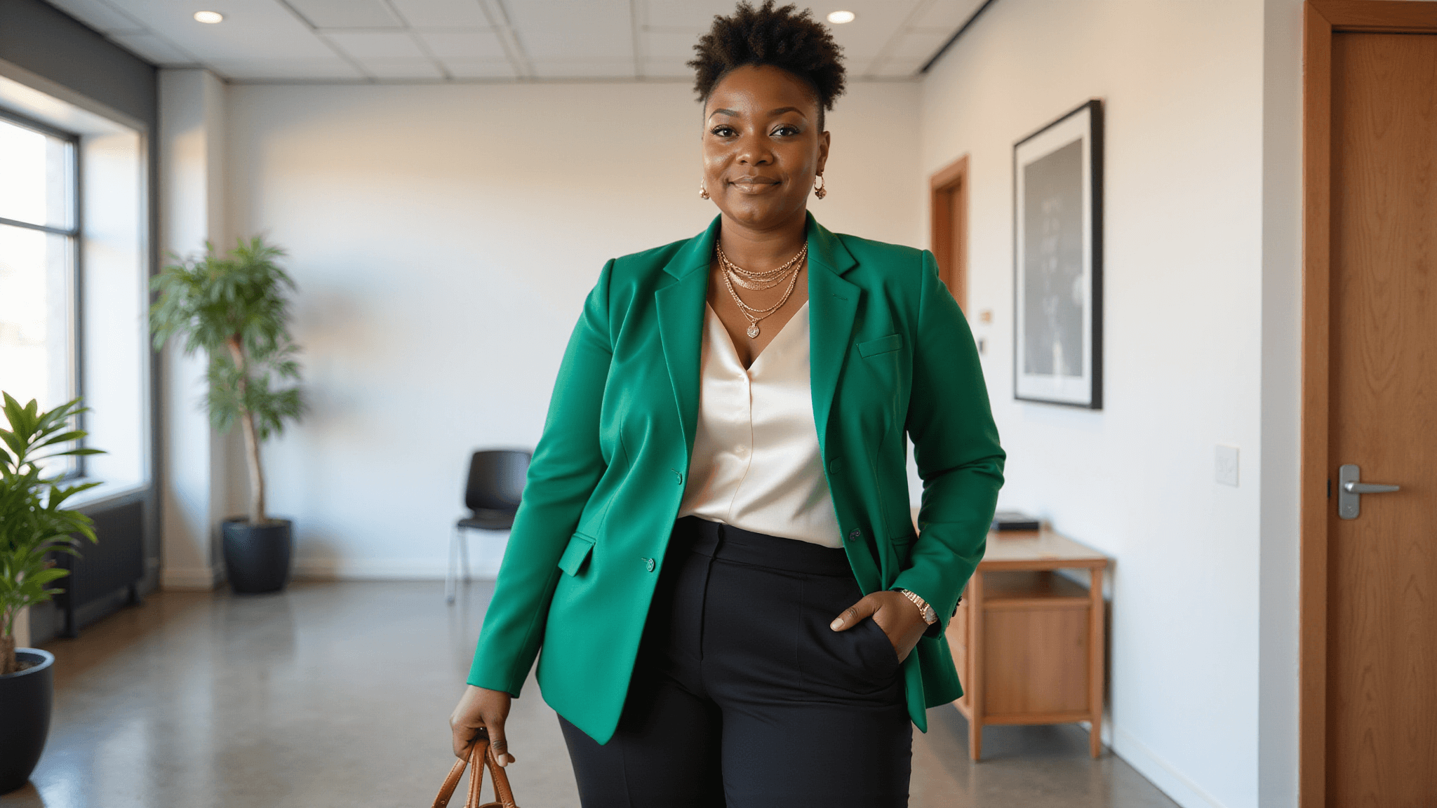 A plus-size Black woman in a stylish emerald blazer and cream silk shell stands confidently in a bright office, paired with high-waisted black wide-leg trousers and layered gold necklaces, exuding professionalism and elegance.