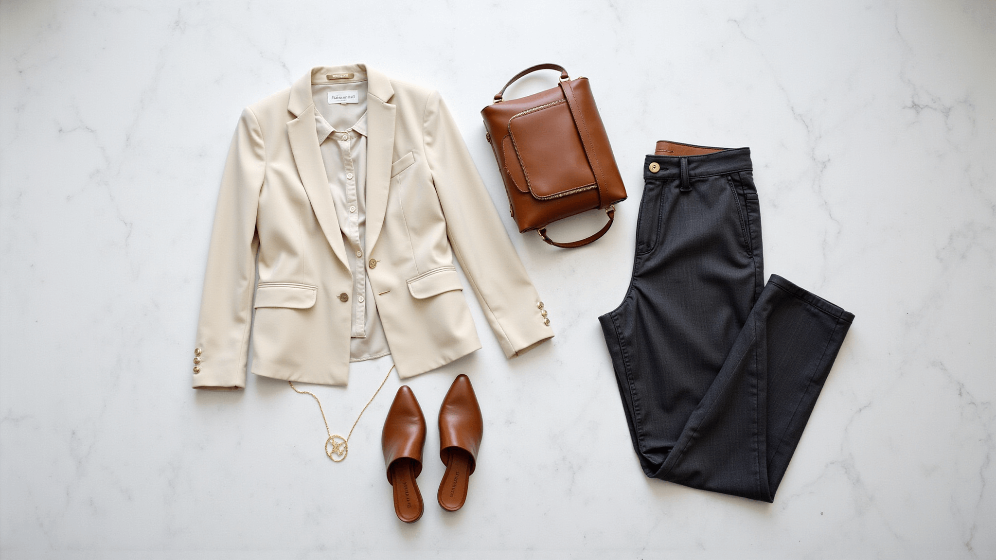 A high-end fashion flatlay of a cream blazer, ivory silk blouse, and charcoal trousers on a marble surface, complemented by cognac leather mules, a gold necklace, and a structured leather tote, all softly illuminated by natural light.