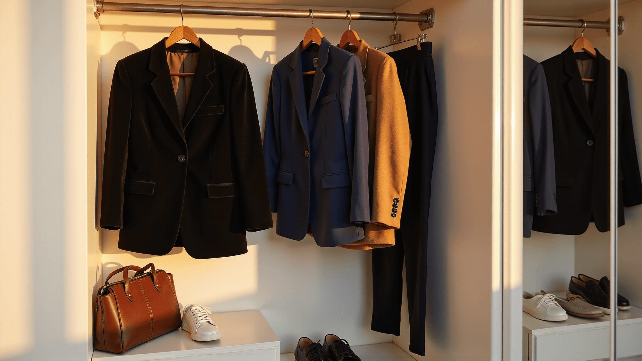 A well-organized walk-in closet at golden hour, featuring blazers on velvet hangers, silk blouses, tailored trousers, a leather tote, and white sneakers, all illuminated by warm sunlight.