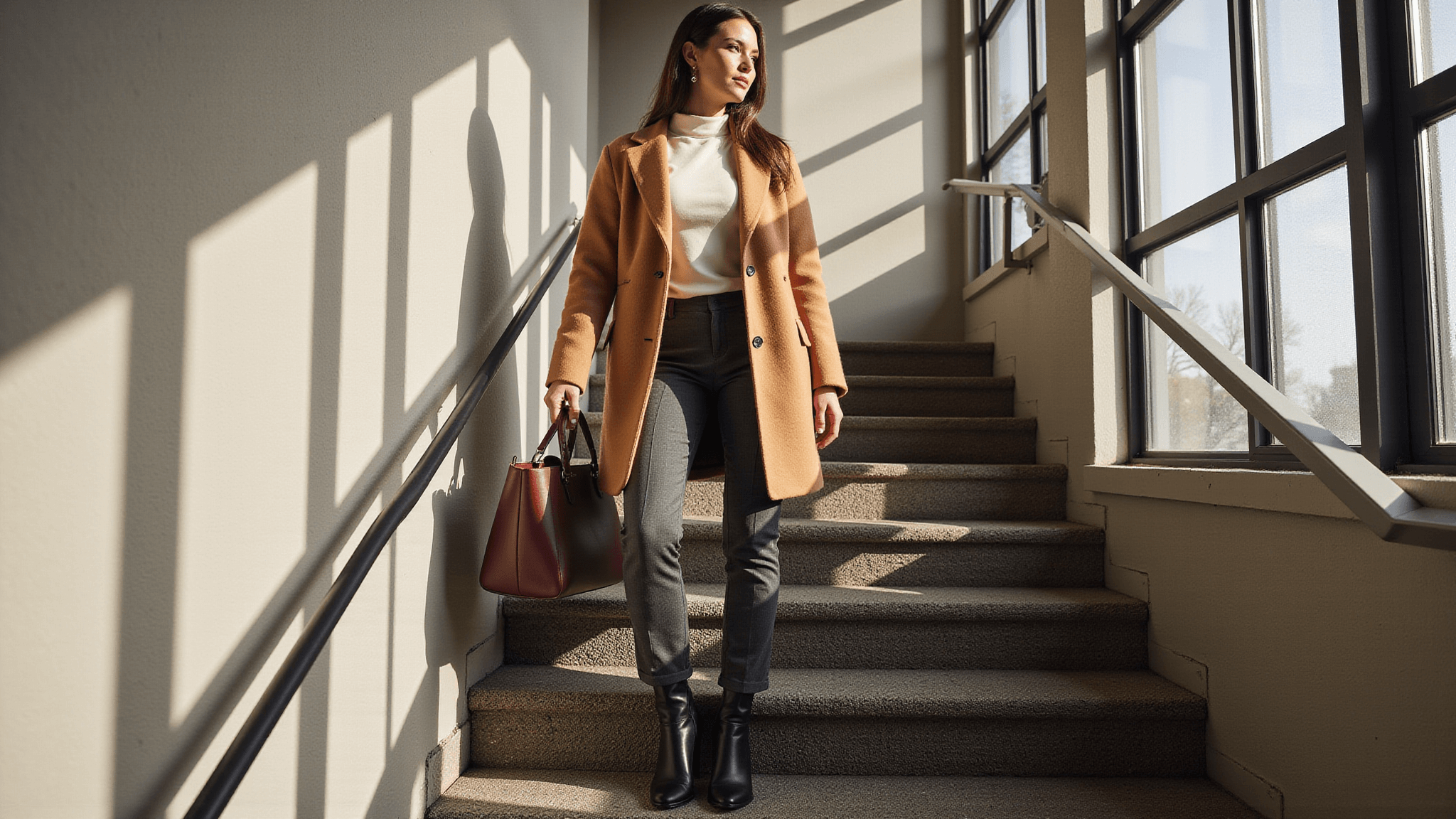 A professional woman in a camel wool coat and tailored charcoal trousers ascends modern office stairs, illuminated by golden morning light filtering through large windows, casting dramatic shadows.