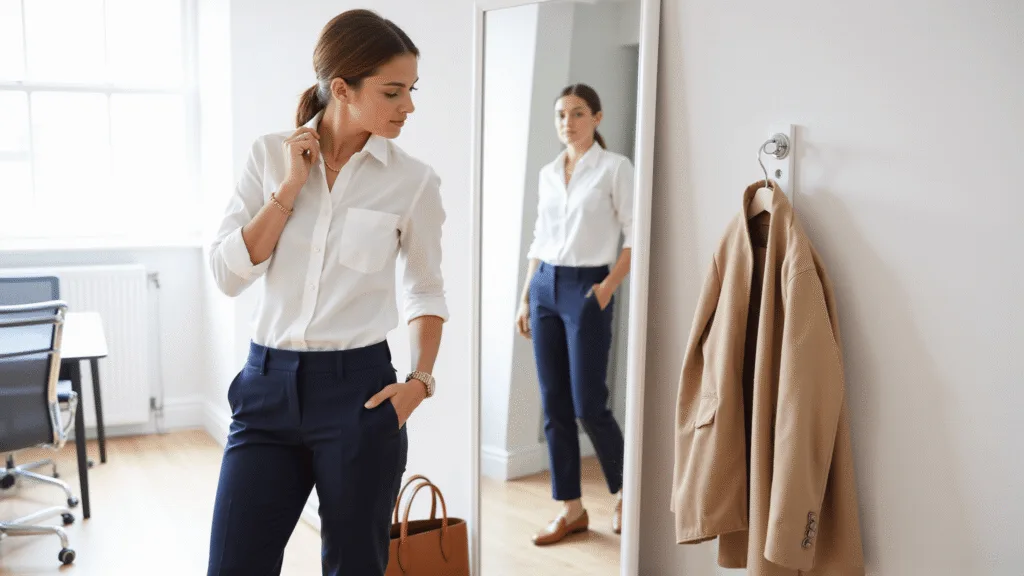 Nailing Your Casual Office Style: A Real Girl's Guide to Looking Professional (Without the Stuffiness!) A young professional woman in a sunlit minimalist office adjusts her gold necklace, wearing a white button-down shirt and tailored navy trousers, with a tan leather tote nearby and a neutral blazer on a coat rack.