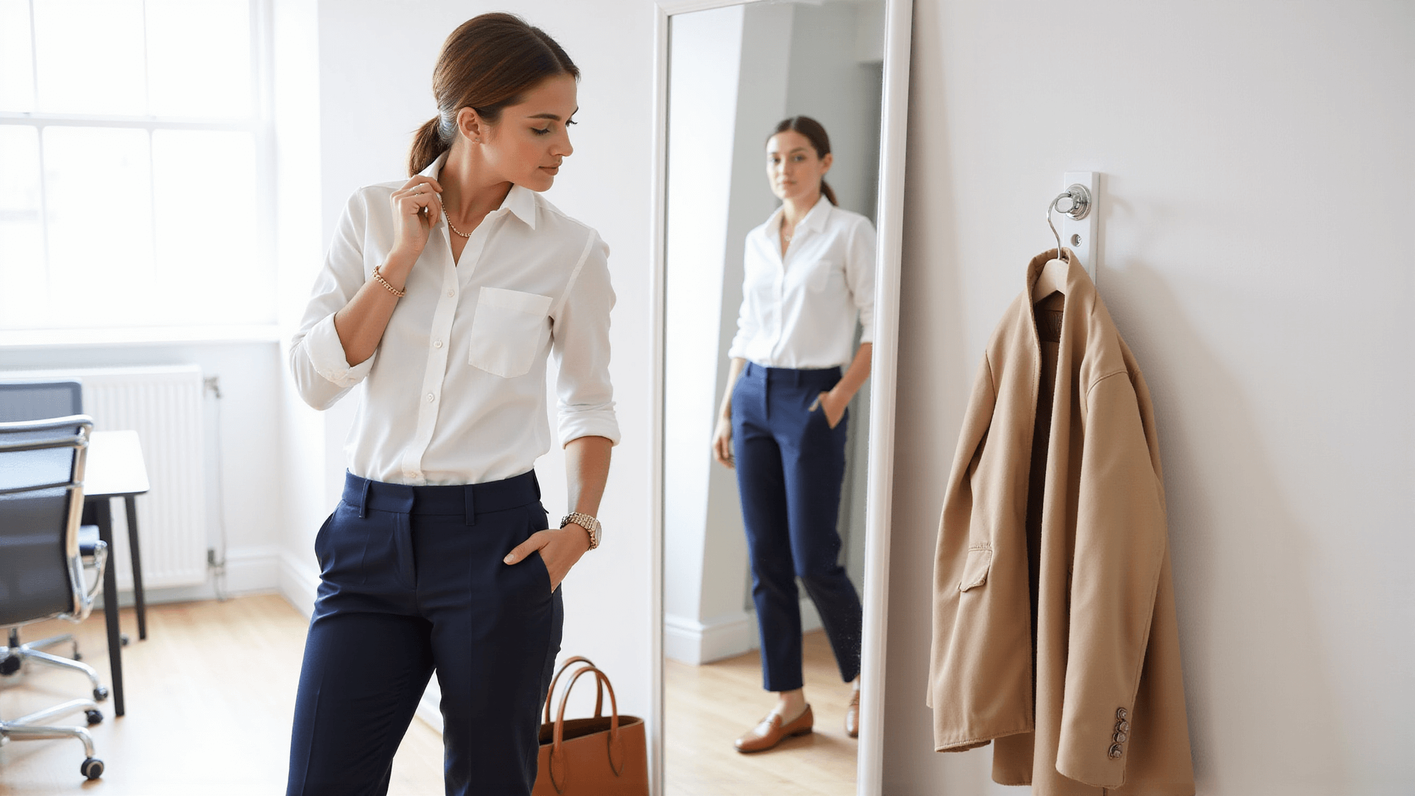 A young professional woman in a sunlit minimalist office adjusts her gold necklace, wearing a white button-down shirt and tailored navy trousers, with a tan leather tote nearby and a neutral blazer on a coat rack.